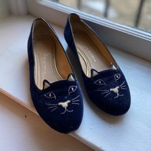 Charlotte Olympia blue velvet and gold kitty flats size 38.5 😻